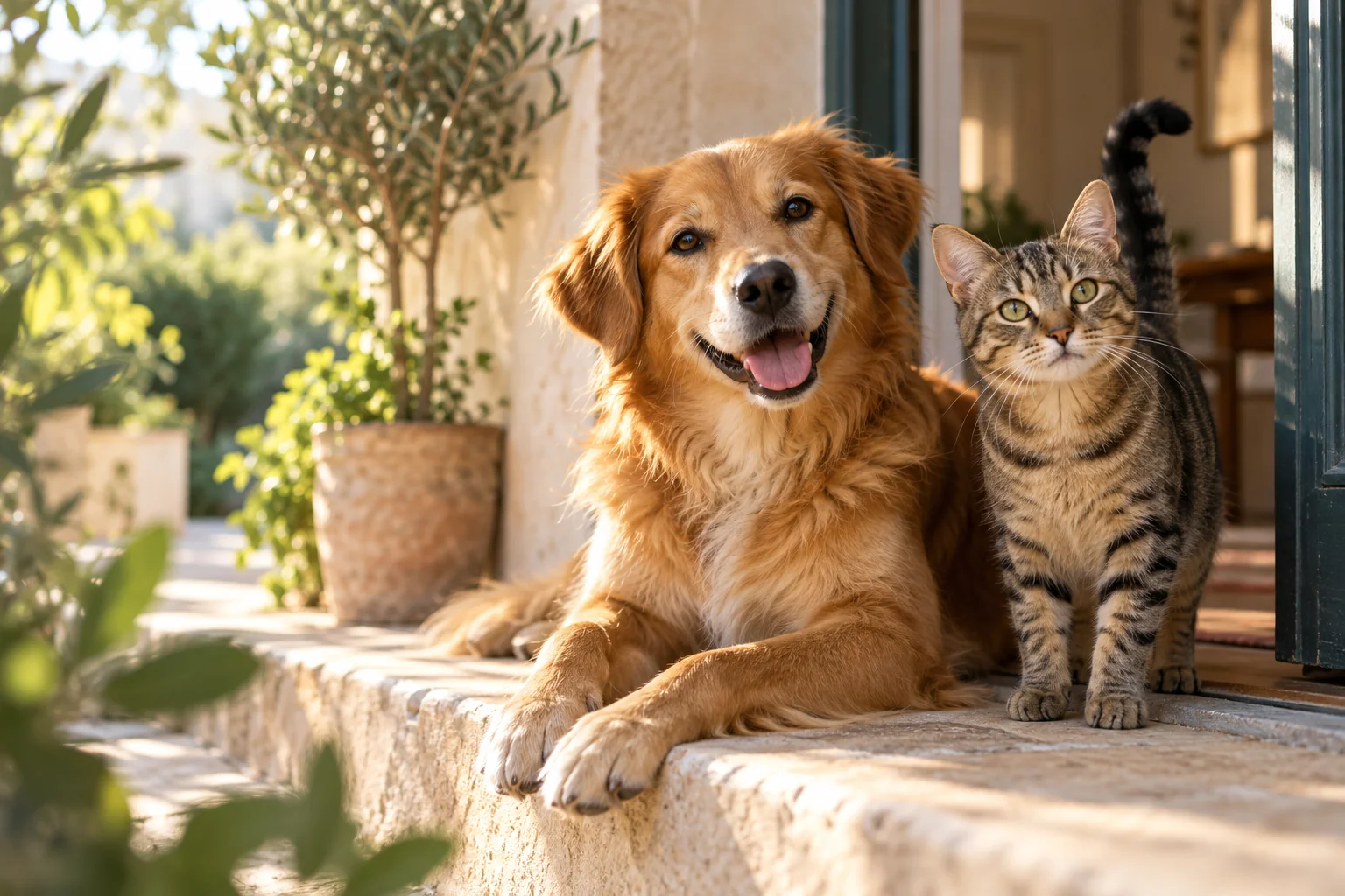 Un perro y un gato juntos en la entrada de una casa